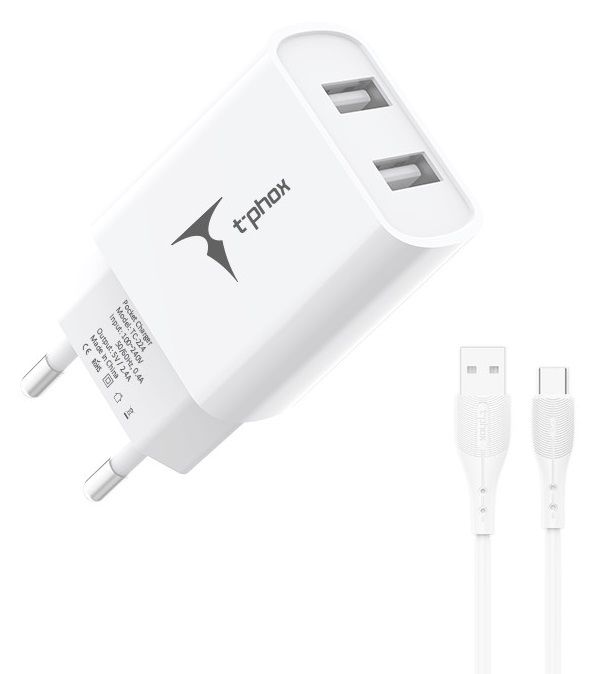 Мережевий зарядний пристрій T-PHOX TCC-224 Pocket Dual USB + Type-C Cable