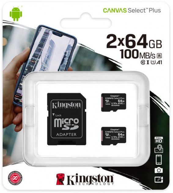 Карта пам'яті Kingston microSDXC 2х64GB Canvas Select Plus Class 10 UHS-I U1 V10 A1 (SDCS2/64GB-2P1A) + SD адаптер