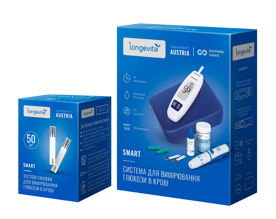Глюкометр Longevita Smart Система для вимірювання глюкози в крові + Тест смужки 50 шт.