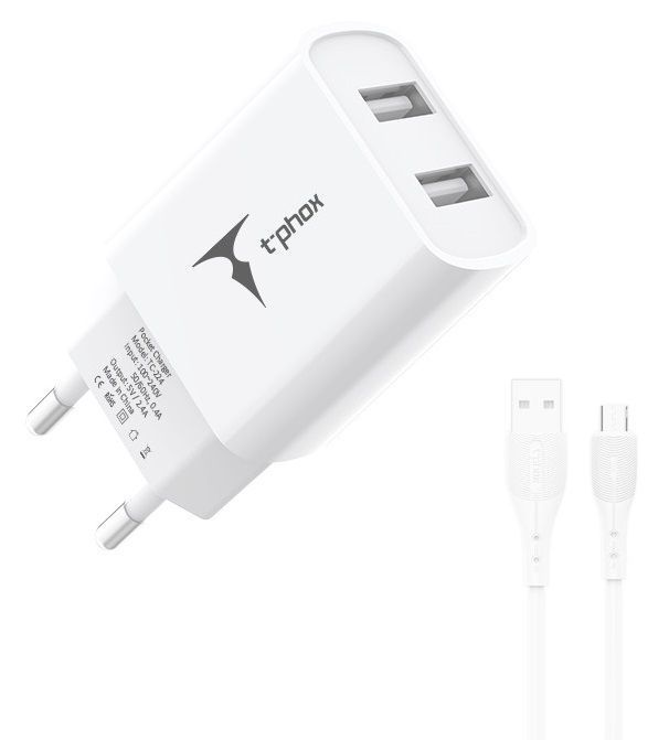 Мережевий зарядний пристрій T-PHOX TCC-224 Pocket Dual USB+MicroUSB Cable (White)